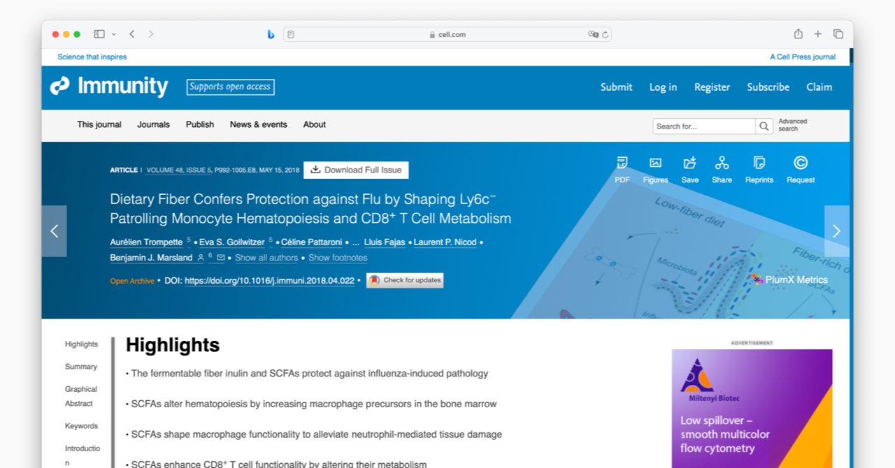 免疫学医学雑誌Immunityにて、イヌリンとインフルエンザに関する研究結果が発表されました